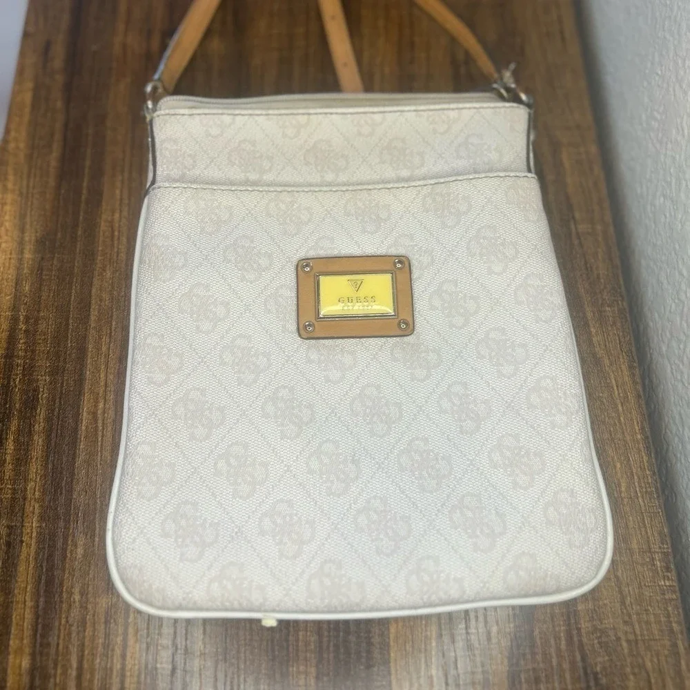 Guess Crossbody Bag Cream Tan Monogram Logo Print Adjustable Strap Slim Purse